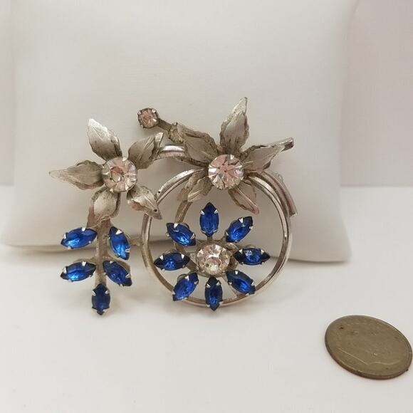 Vintage Blue Clear Glass Rhinestone Floral Brooch & Pendant, Riveted, 2 Inches - Picture 4 of 10